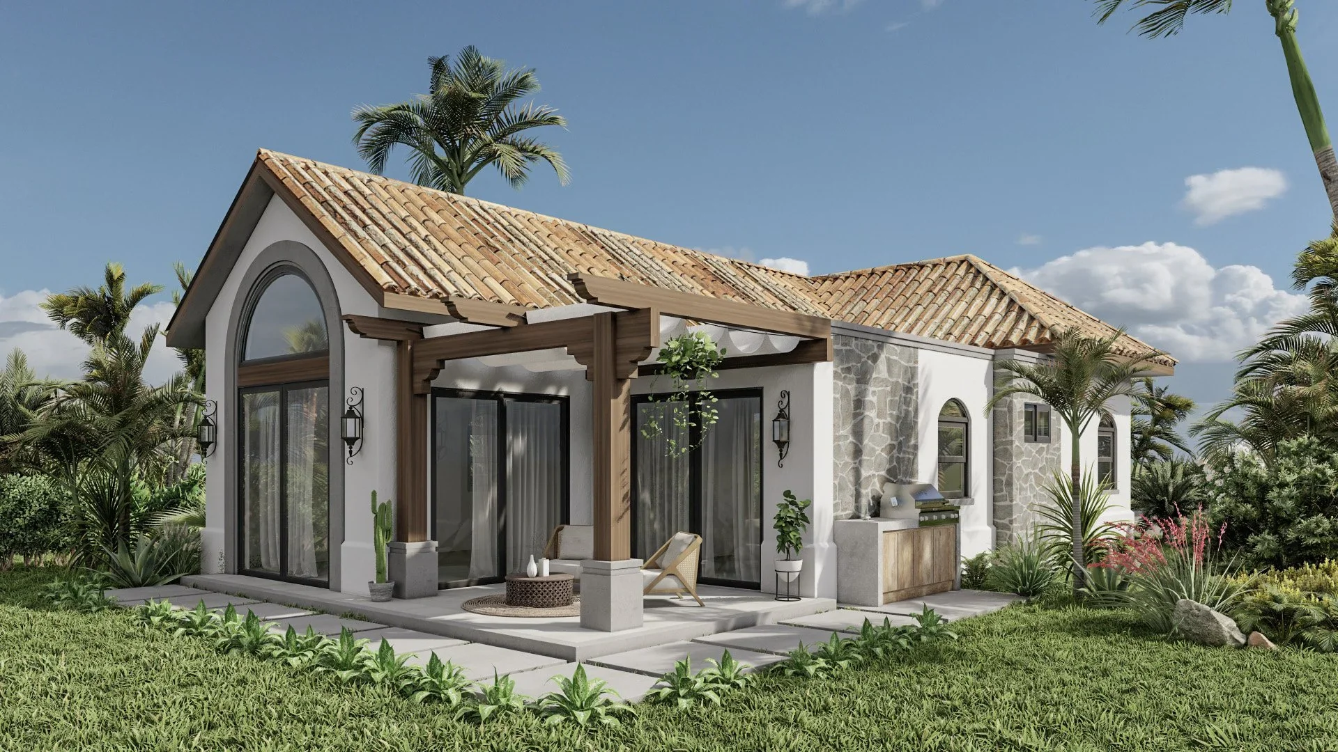 A modern house with a terracotta tiled roof, stone accents, and large glass sliding doors surrounded by lush greenery and tall palm trees.