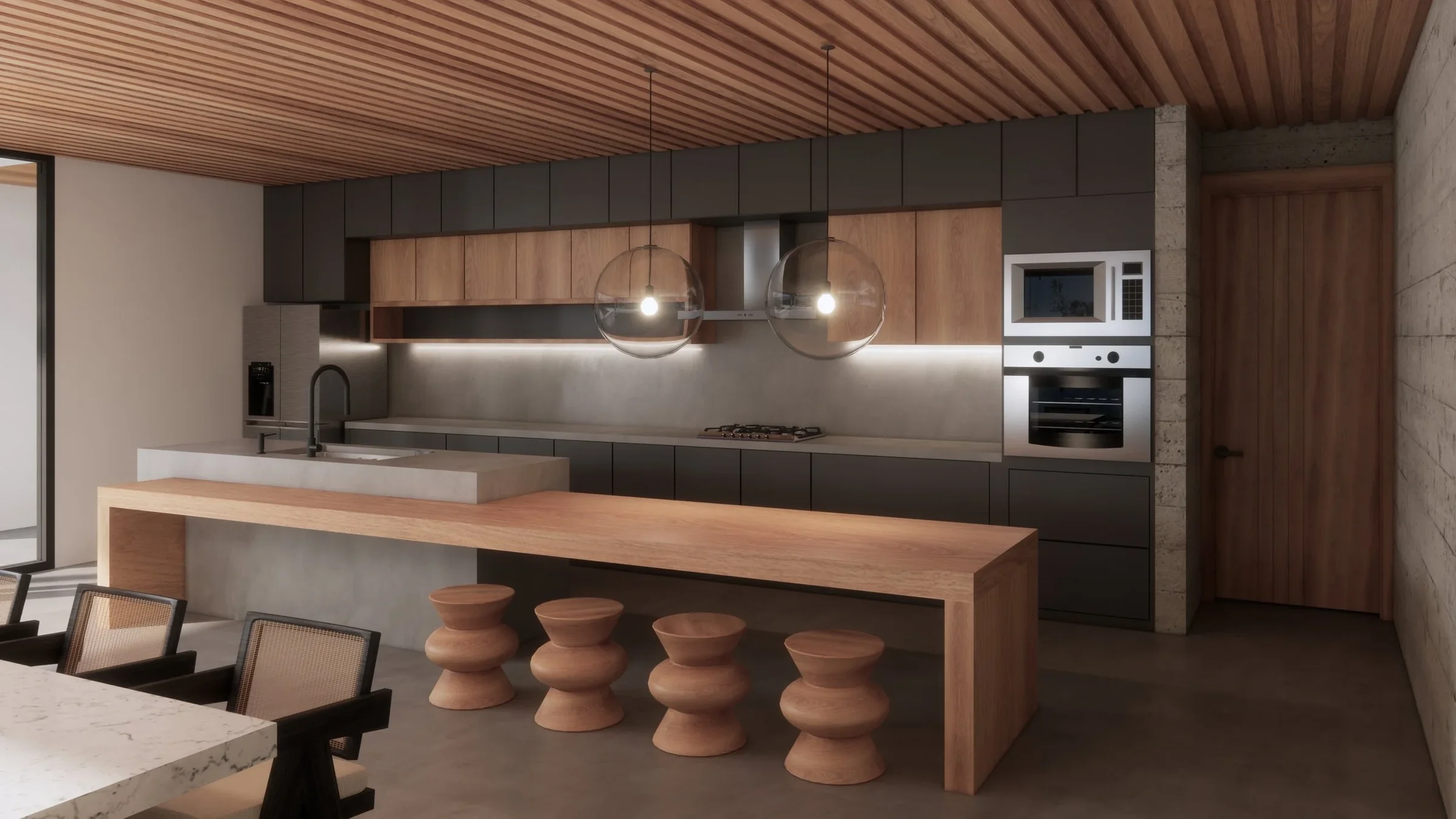 Modern kitchen with wooden ceiling, gray and wood cabinetry, gray countertops, and pendant lights over a kitchen island with wood stools, stainless steel appliances, and a sliding glass door on the left.