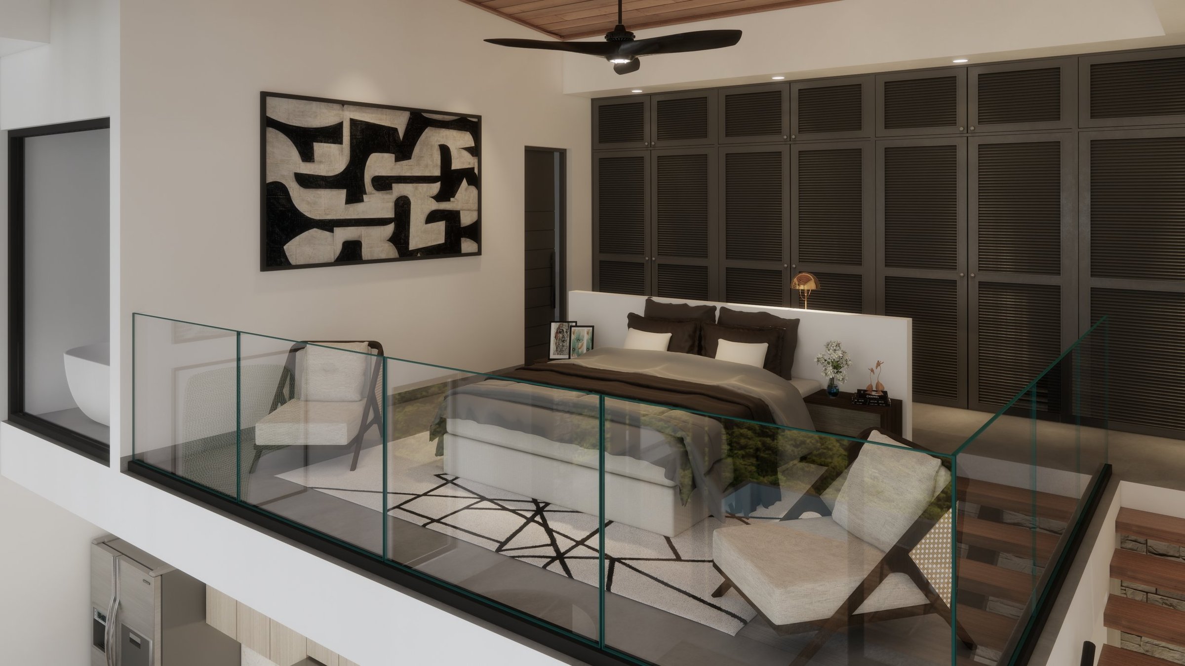 Modern bedroom with a white bed, brown and white pillows, a small black nightstand with a flower vase, and a large dark wood cabinet with louvered doors. There are two beige armchairs with dark wooden legs on a white geometric rug, and a glass railin