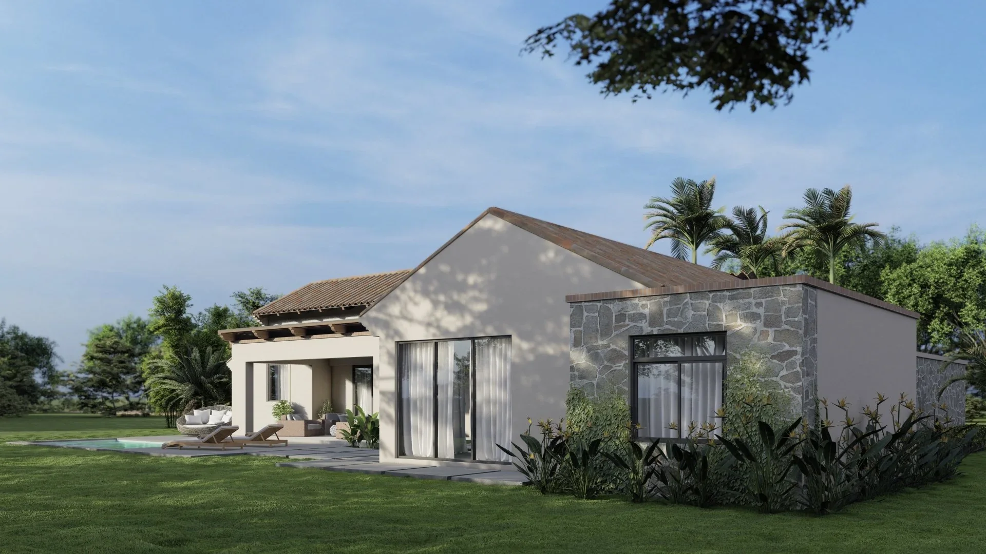 Modern house with stone and white walls, large glass doors, and a shaded outdoor seating area, surrounded by a green lawn and tropical plants.