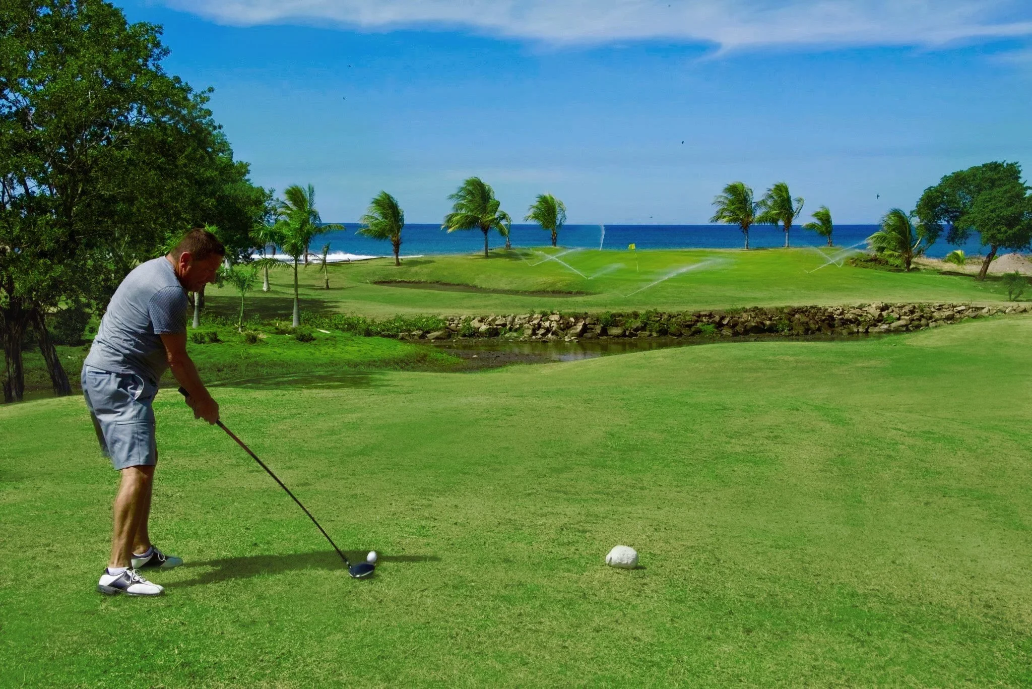 Man preparing to hit a golf ball on a lush golf course near the beach with palm trees, blue sky, and ocean in the background.