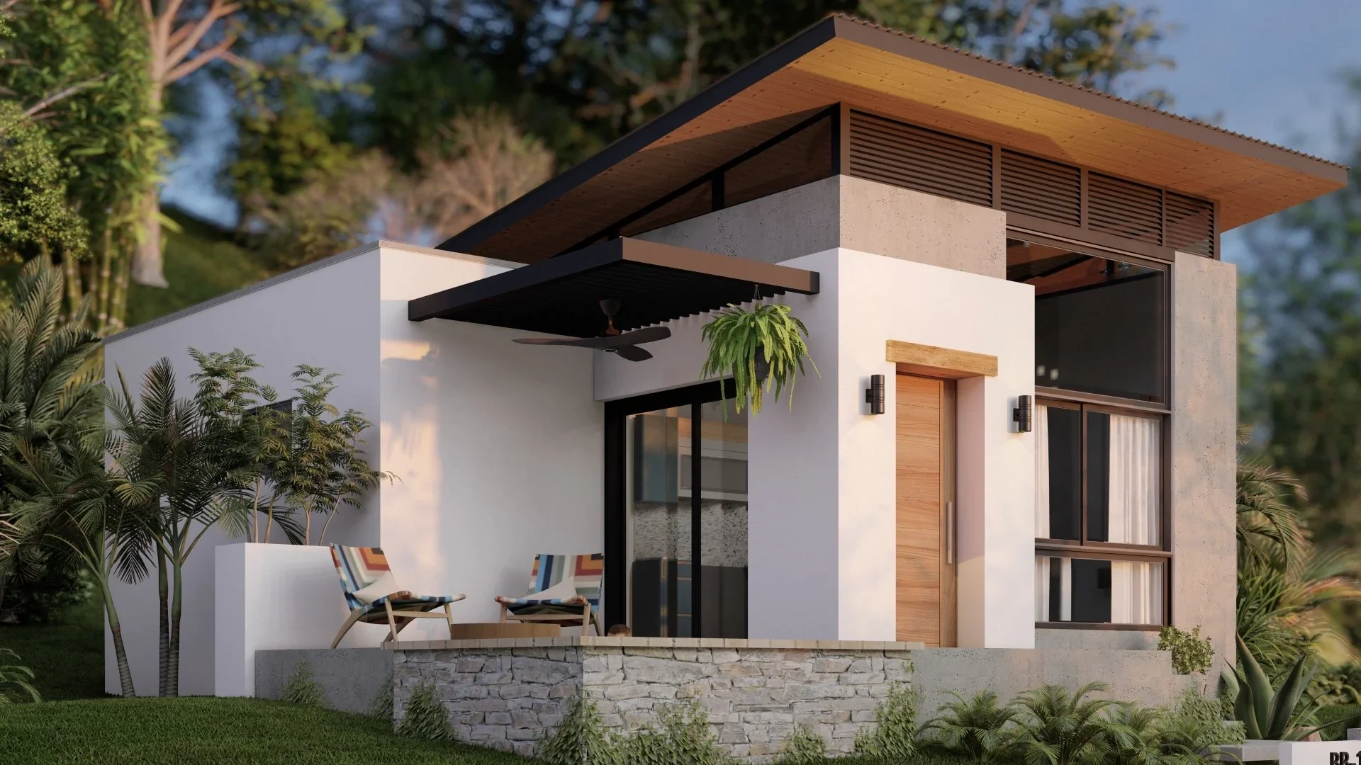 Modern white house with large windows, a wooden door, and an outdoor patio with two chairs and a small table, surrounded by greenery.
