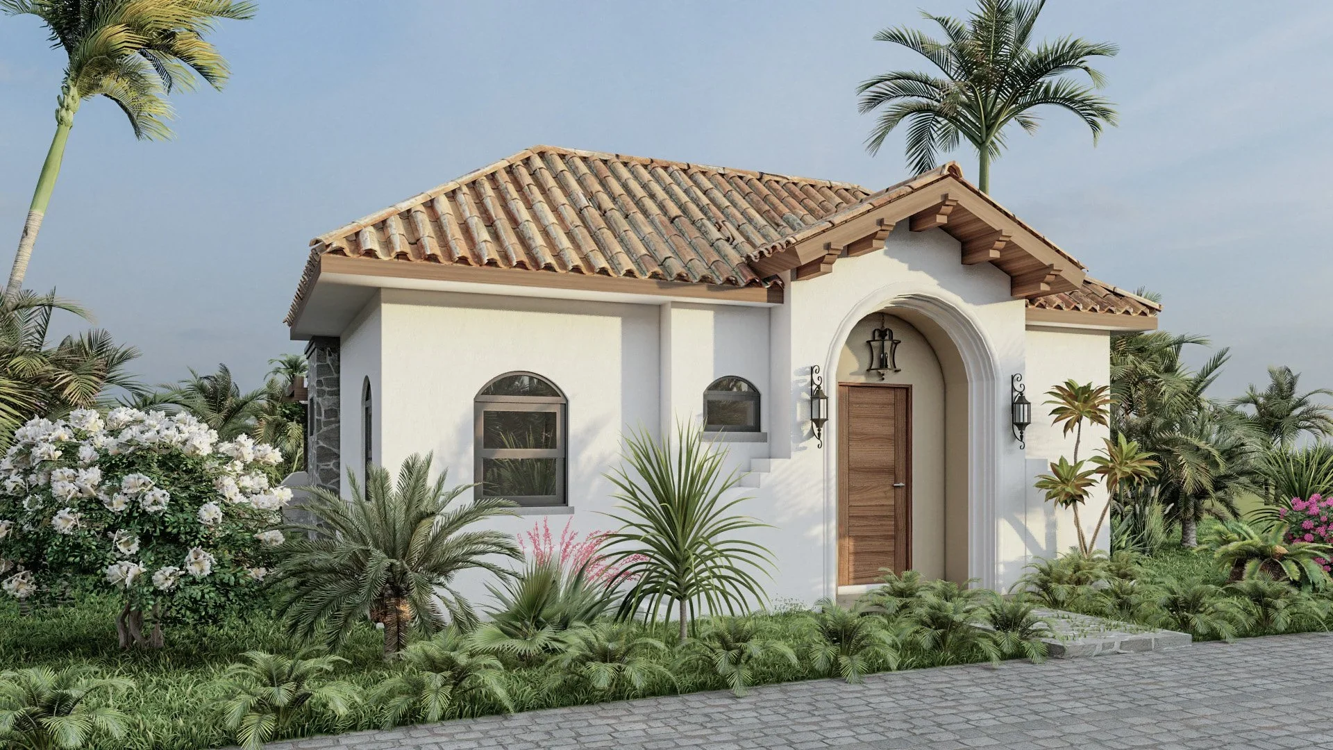 Small white house with a tiled roof, arched doorway, and tropical plants in front.