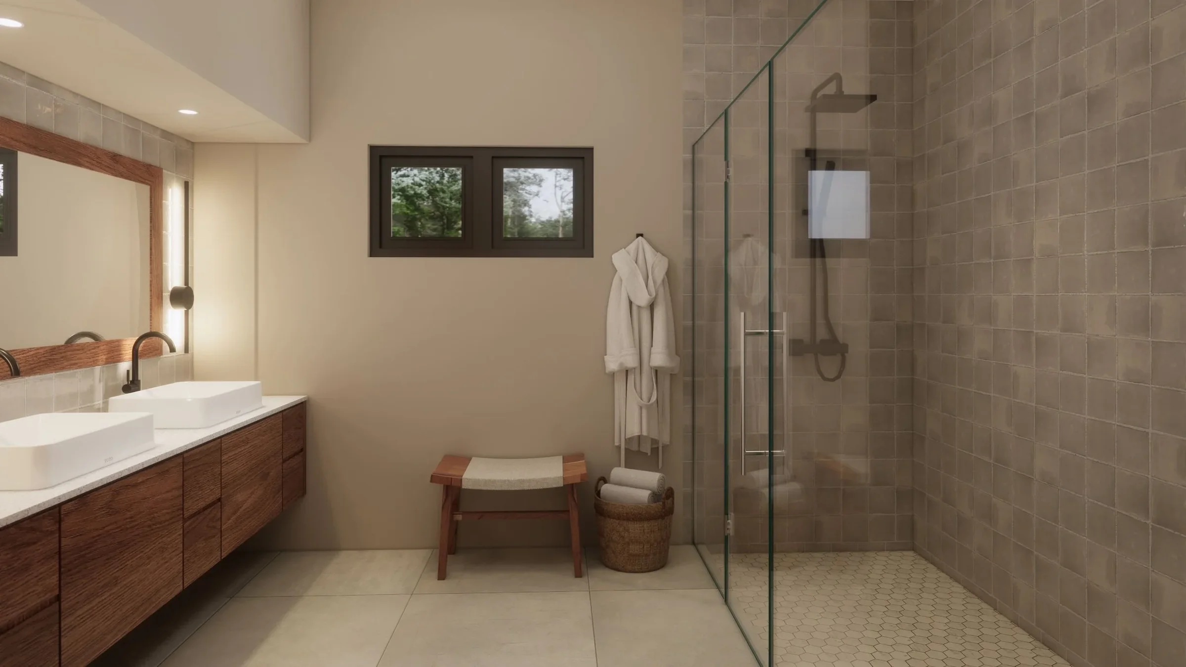 Modern bathroom with a double vanity sink, large mirror, small window, towel hook with a bathrobe, small bench, and a walk-in shower with glass doors and taupe tiles.