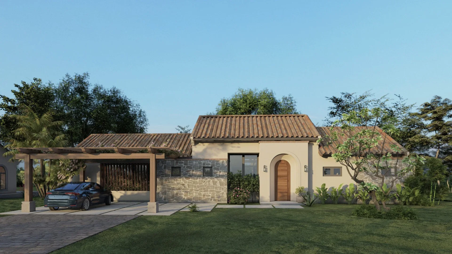 A modern house with a tiled roof, stone and stucco exterior, surrounded by green grass and trees, with a car parked under a wooden carport.